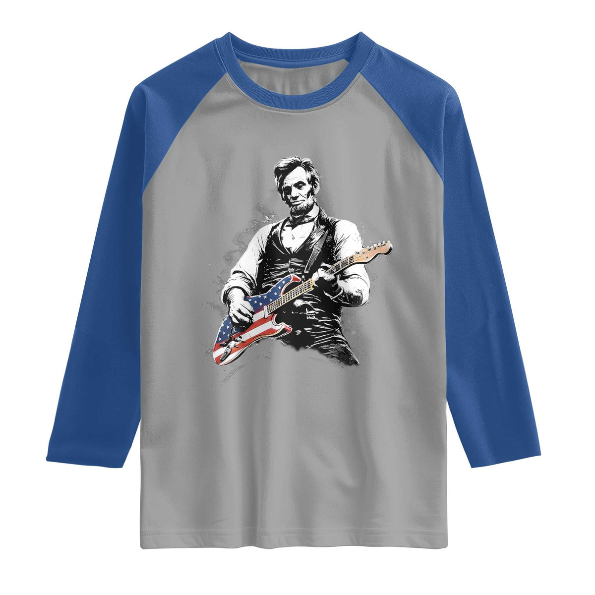 Rockin Abe Abraham Lincoln Playing Electric Guitar Raglan Shirt Patriotic Music Rocker Mashup 4th of July Celebration