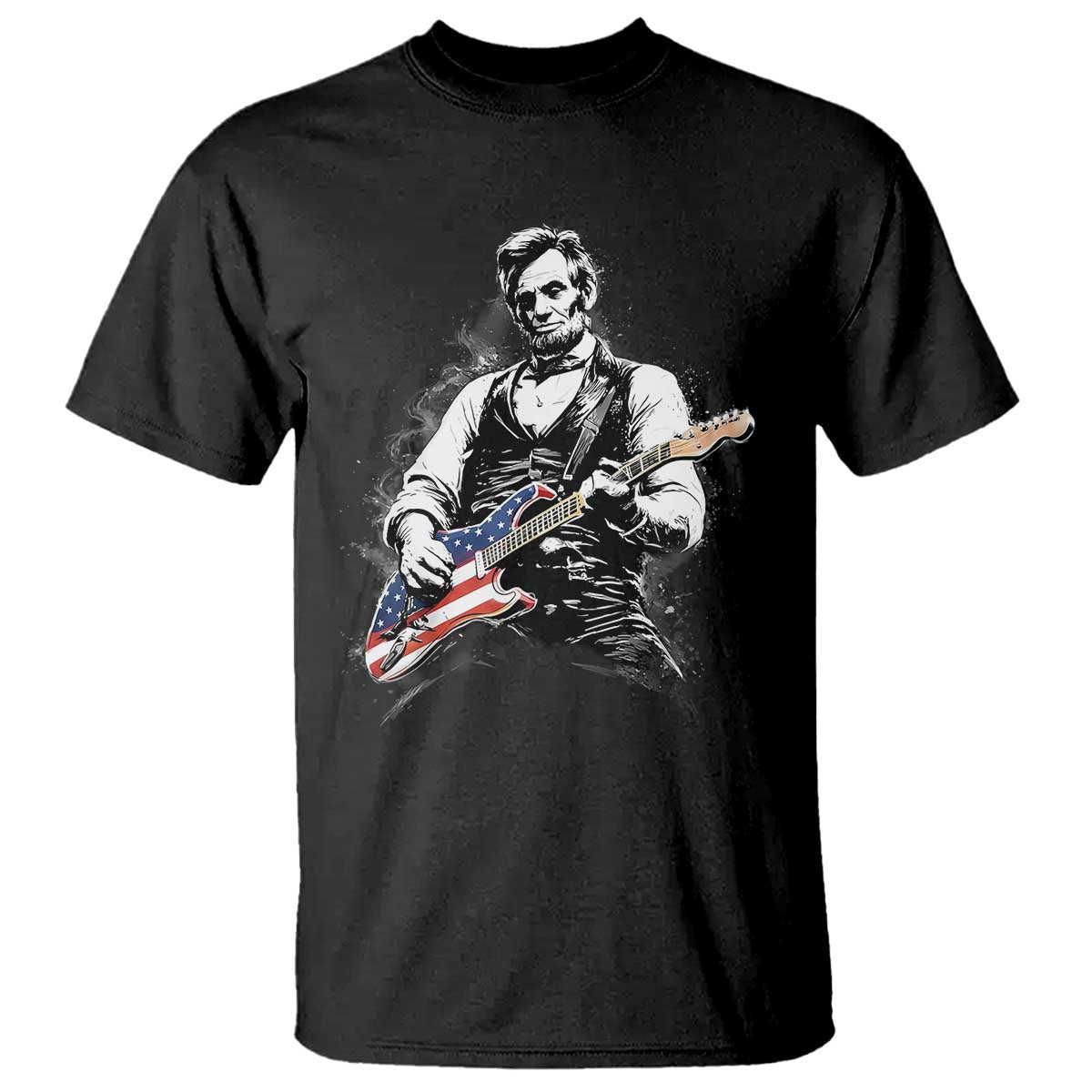 Rockin Abe Abraham Lincoln Playing Electric Guitar T Shirt Patriotic Music Rocker Mashup 4th of July Celebration