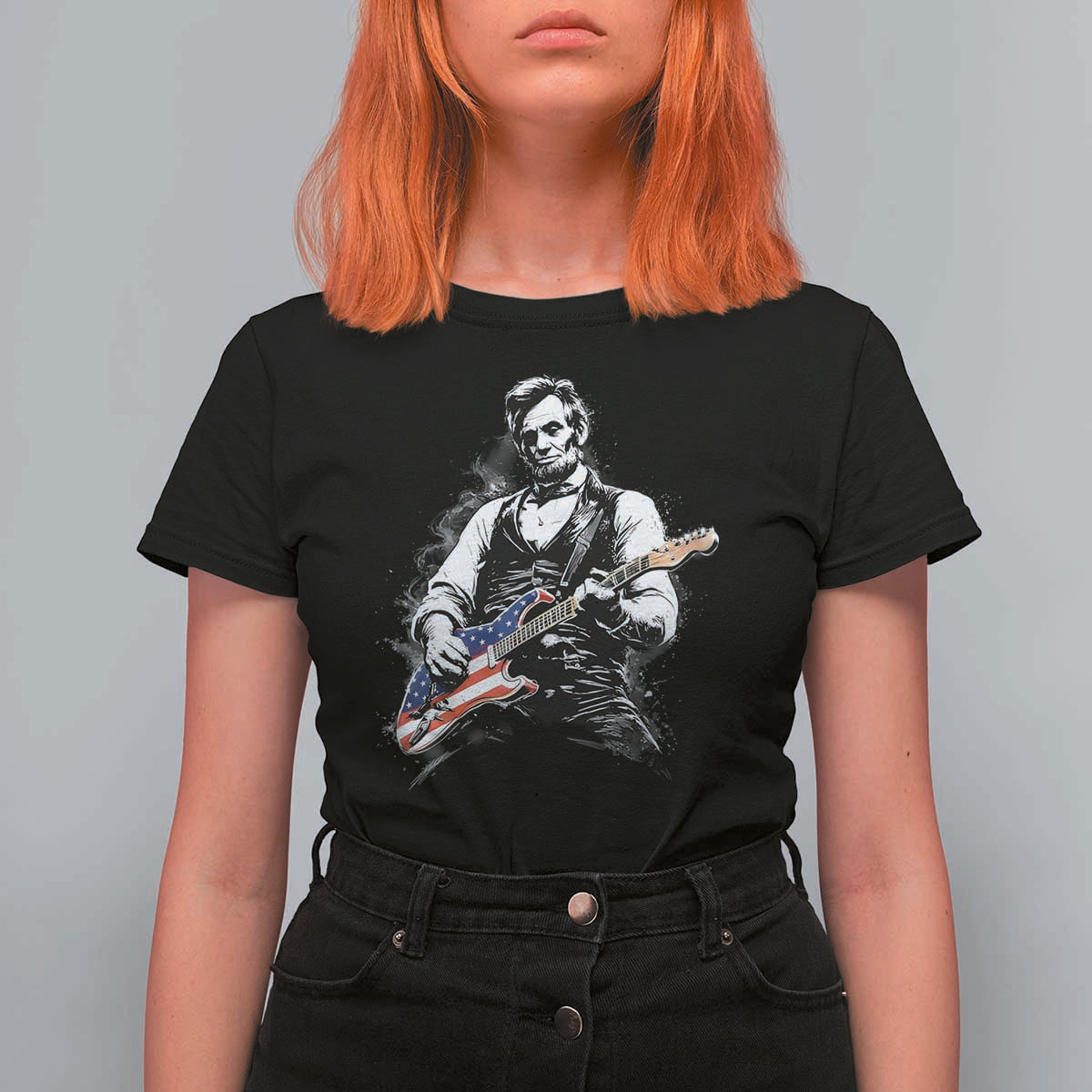 Rockin Abe Abraham Lincoln Playing Electric Guitar T Shirt For Women Patriotic Music Rocker Mashup 4th of July Celebration