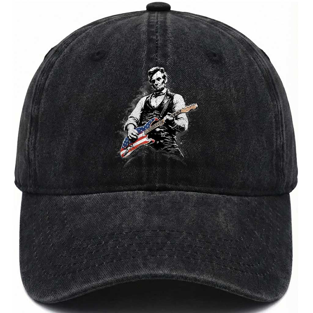 Rockin Abe Abraham Lincoln Playing Electric Guitar Washed Cotton Baseball Cap Patriotic Music Rocker Mashup 4th of July Celebration