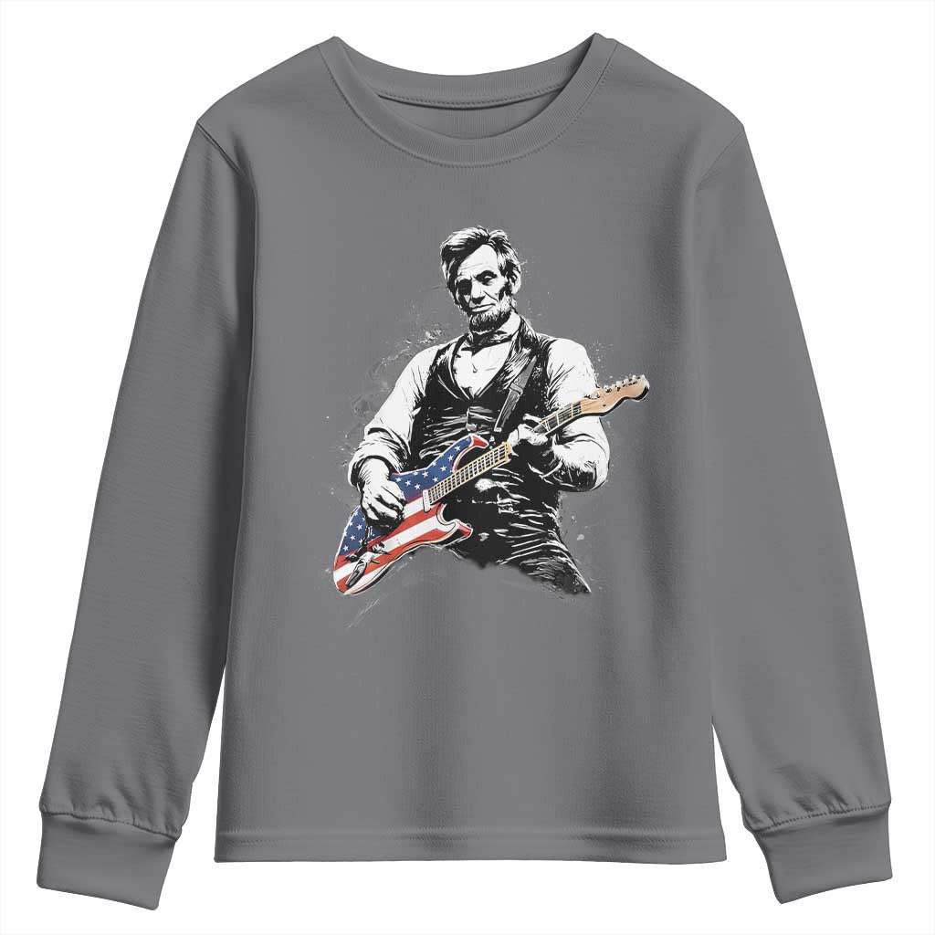 Rockin Abe Abraham Lincoln Playing Electric Guitar Youth Sweatshirt Patriotic Music Rocker Mashup 4th of July Celebration