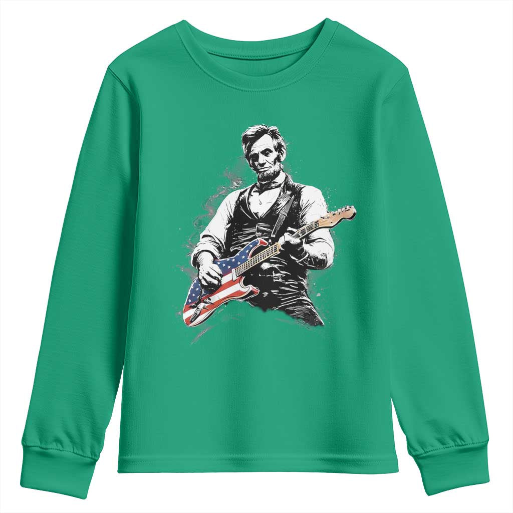 Rockin Abe Abraham Lincoln Playing Electric Guitar Youth Sweatshirt Patriotic Music Rocker Mashup 4th of July Celebration