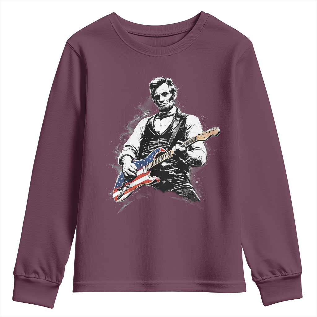Rockin Abe Abraham Lincoln Playing Electric Guitar Youth Sweatshirt Patriotic Music Rocker Mashup 4th of July Celebration