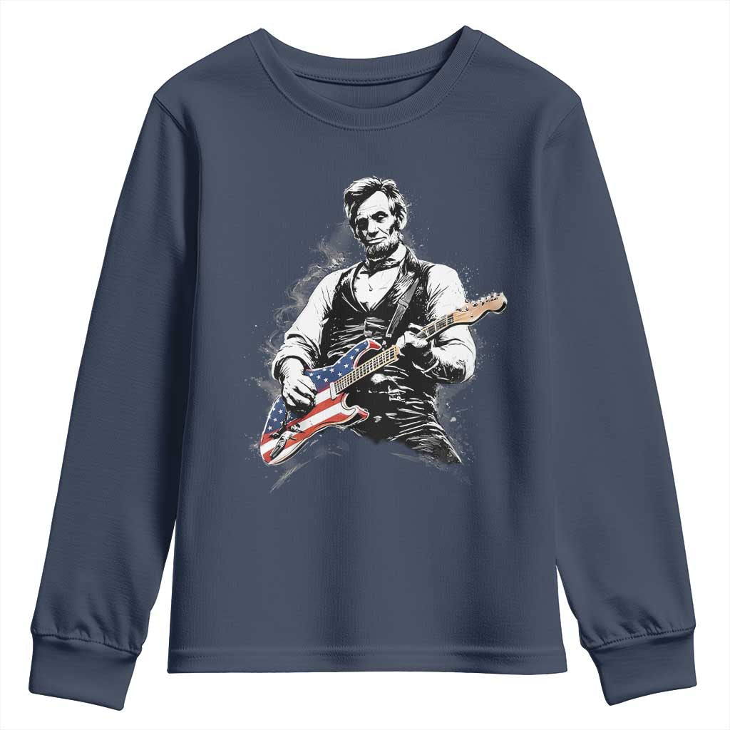 Rockin Abe Abraham Lincoln Playing Electric Guitar Youth Sweatshirt Patriotic Music Rocker Mashup 4th of July Celebration