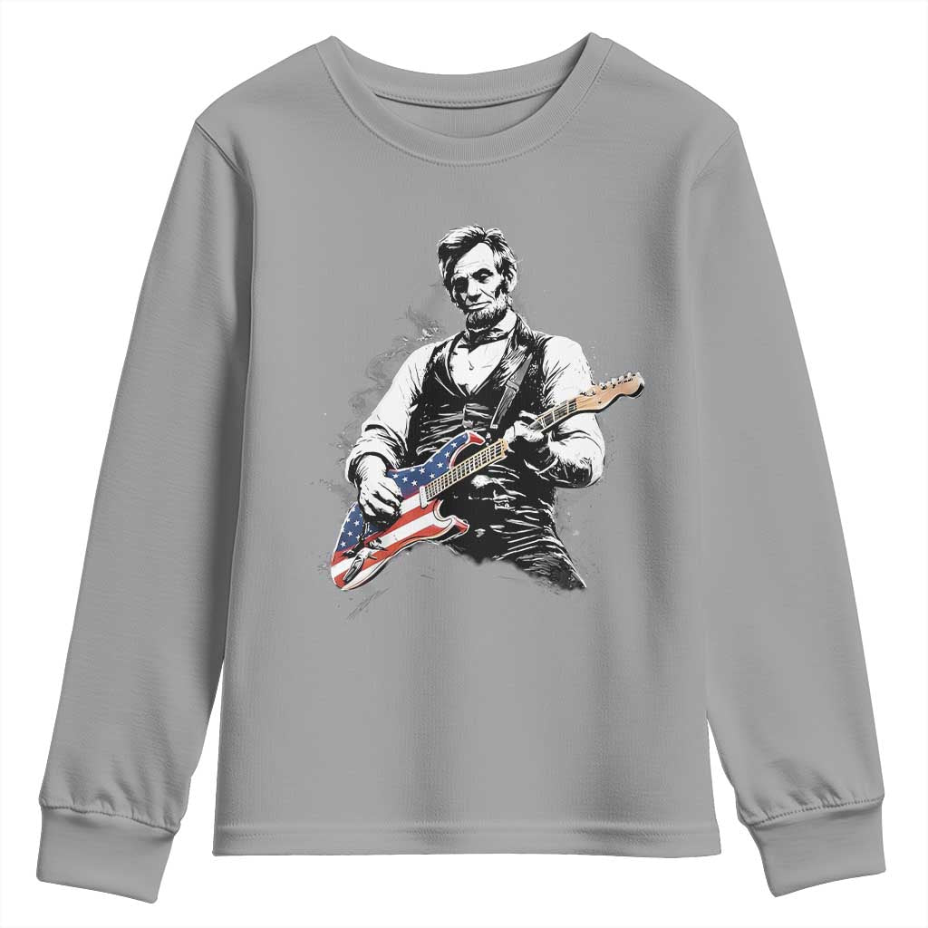Rockin Abe Abraham Lincoln Playing Electric Guitar Youth Sweatshirt Patriotic Music Rocker Mashup 4th of July Celebration