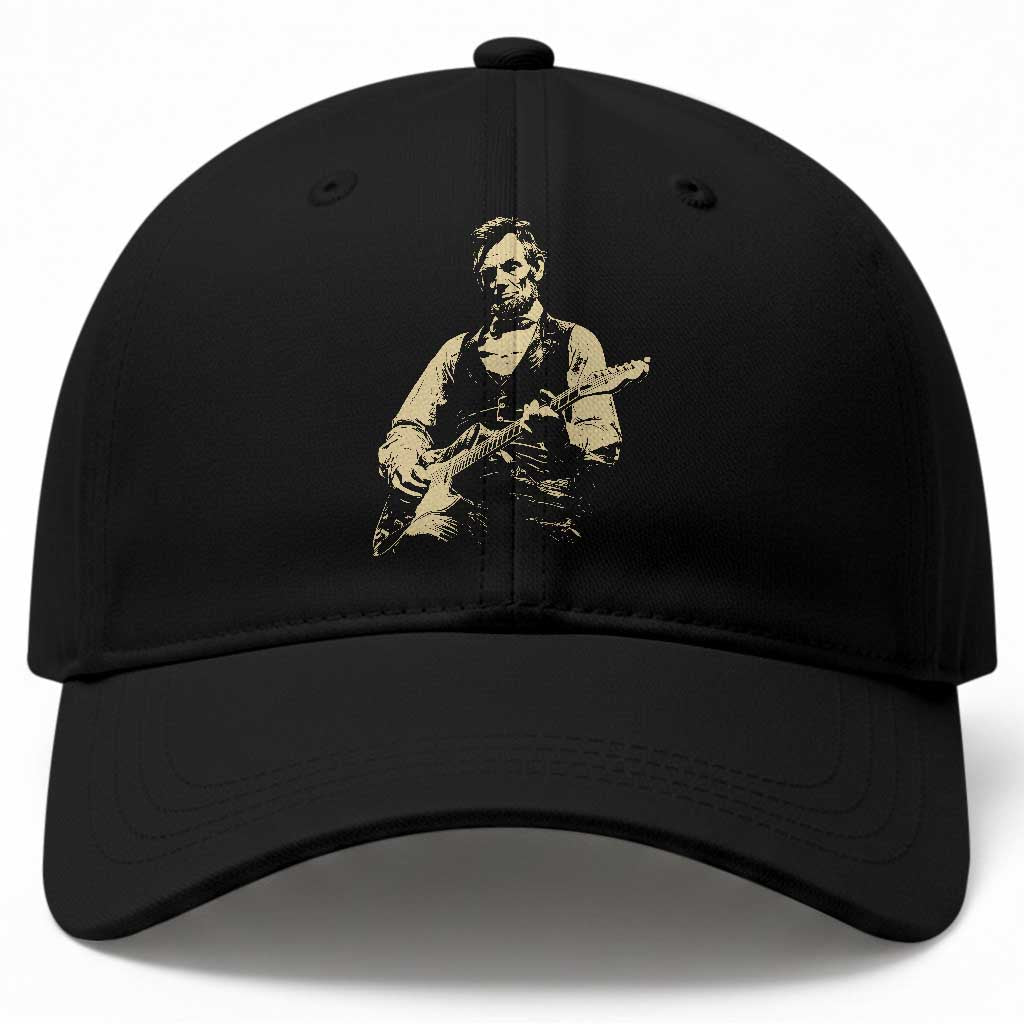 Vintage Rockin Abe Abraham Lincoln Playing Electric Guitar Baseball Cap Patriotic Music Rocker Mashup 4th of July Celebration