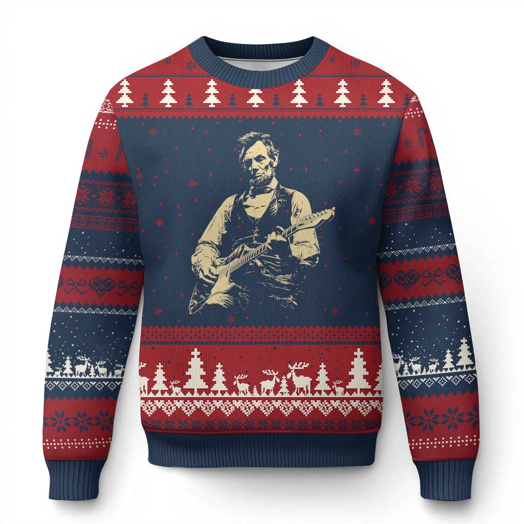 Vintage Rockin Abe Abraham Lincoln Playing Electric Guitar Ugly Christmas Sweater Patriotic Music Rocker Mashup 4th of July Celebration