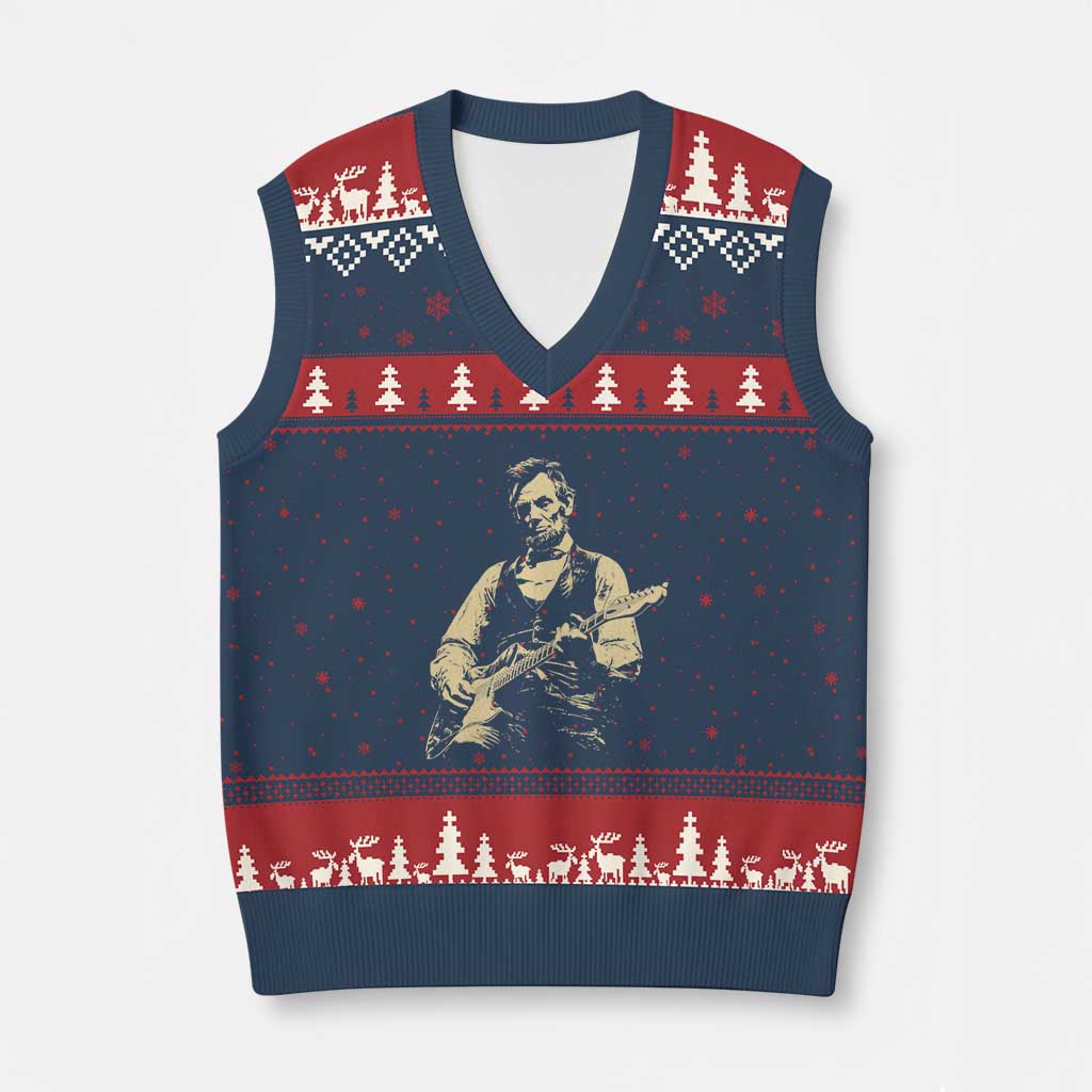 Vintage Rockin Abe Abraham Lincoln Playing Electric Guitar V-Neck Knit Sweater Vest Patriotic Music Rocker Mashup 4th of July Celebration