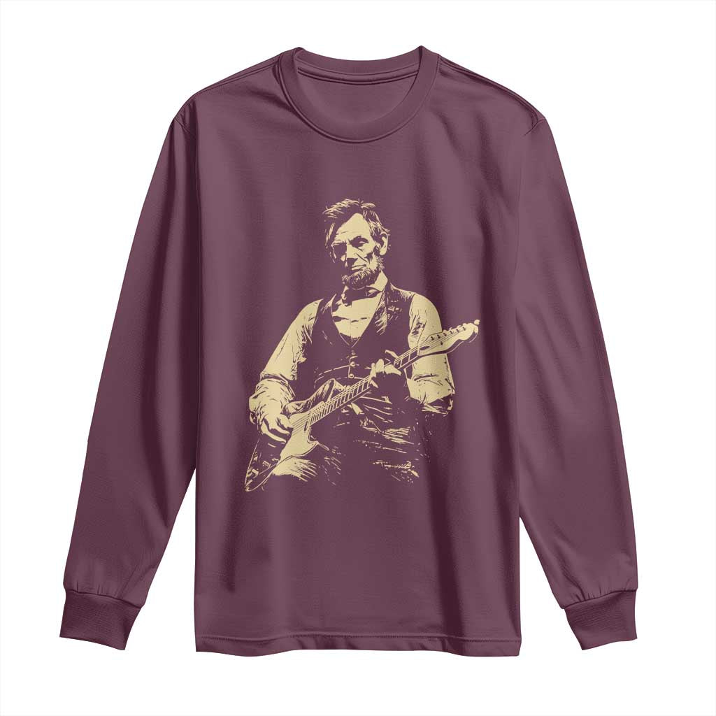 Vintage Rockin Abe Abraham Lincoln Playing Electric Guitar Long Sleeve Shirt Patriotic Music Rocker Mashup 4th of July Celebration