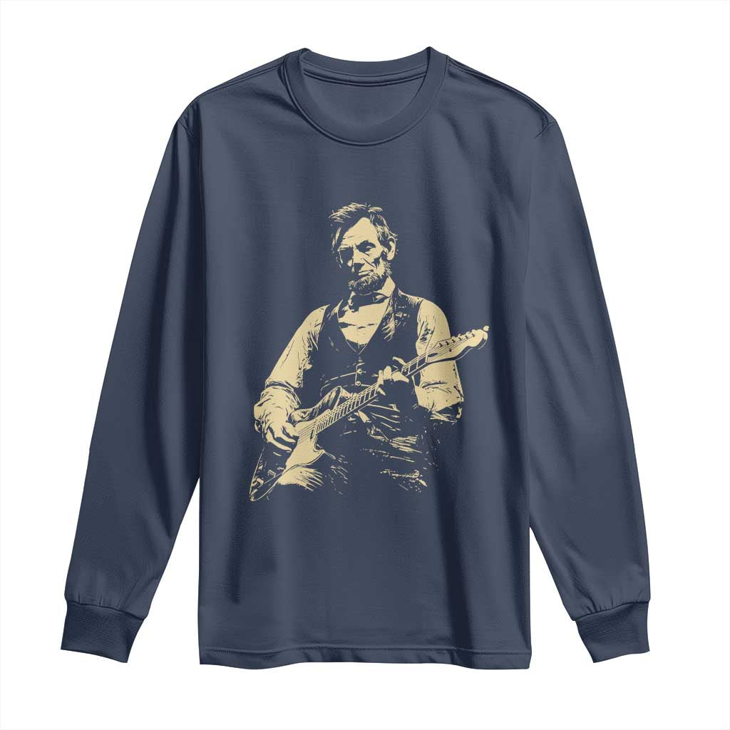 Vintage Rockin Abe Abraham Lincoln Playing Electric Guitar Long Sleeve Shirt Patriotic Music Rocker Mashup 4th of July Celebration