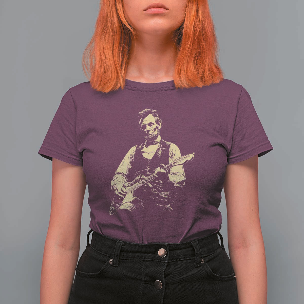 Vintage Rockin Abe Abraham Lincoln Playing Electric Guitar T Shirt For Women Patriotic Music Rocker Mashup 4th of July Celebration