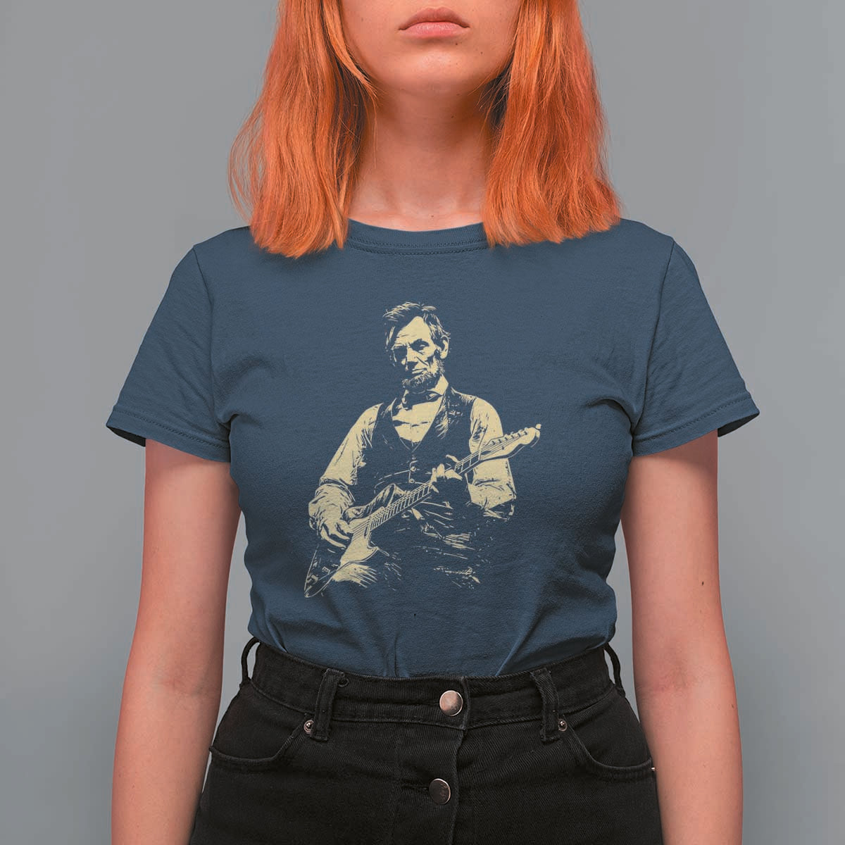 Vintage Rockin Abe Abraham Lincoln Playing Electric Guitar T Shirt For Women Patriotic Music Rocker Mashup 4th of July Celebration