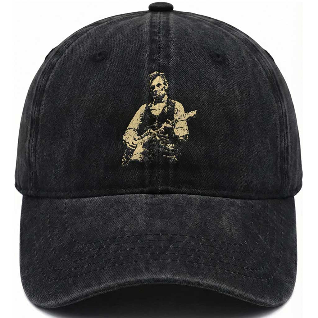 Vintage Rockin Abe Abraham Lincoln Playing Electric Guitar Washed Cotton Baseball Cap Patriotic Music Rocker Mashup 4th of July Celebration