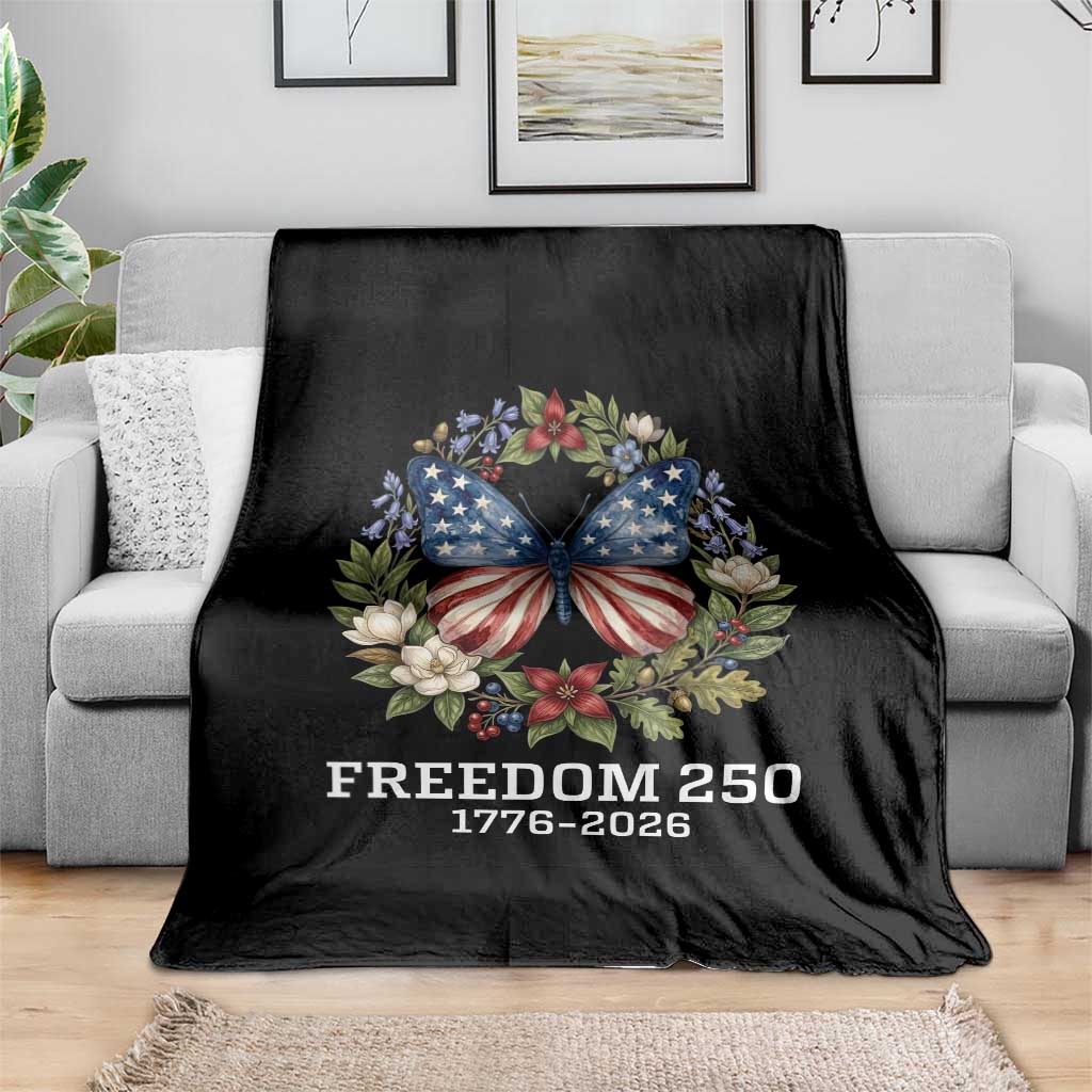 Freedom 250 Years American Flag Butterfly Throw Blanket Floral Wreath Patriotic 1776-2026 Semiquincentennial Celebration