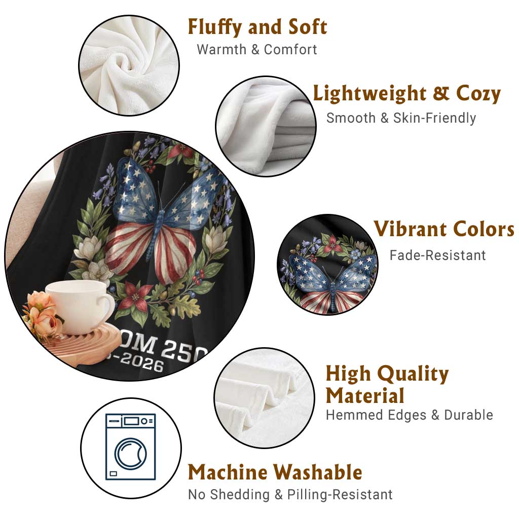 Freedom 250 Years American Flag Butterfly Throw Blanket Floral Wreath Patriotic 1776-2026 Semiquincentennial Celebration