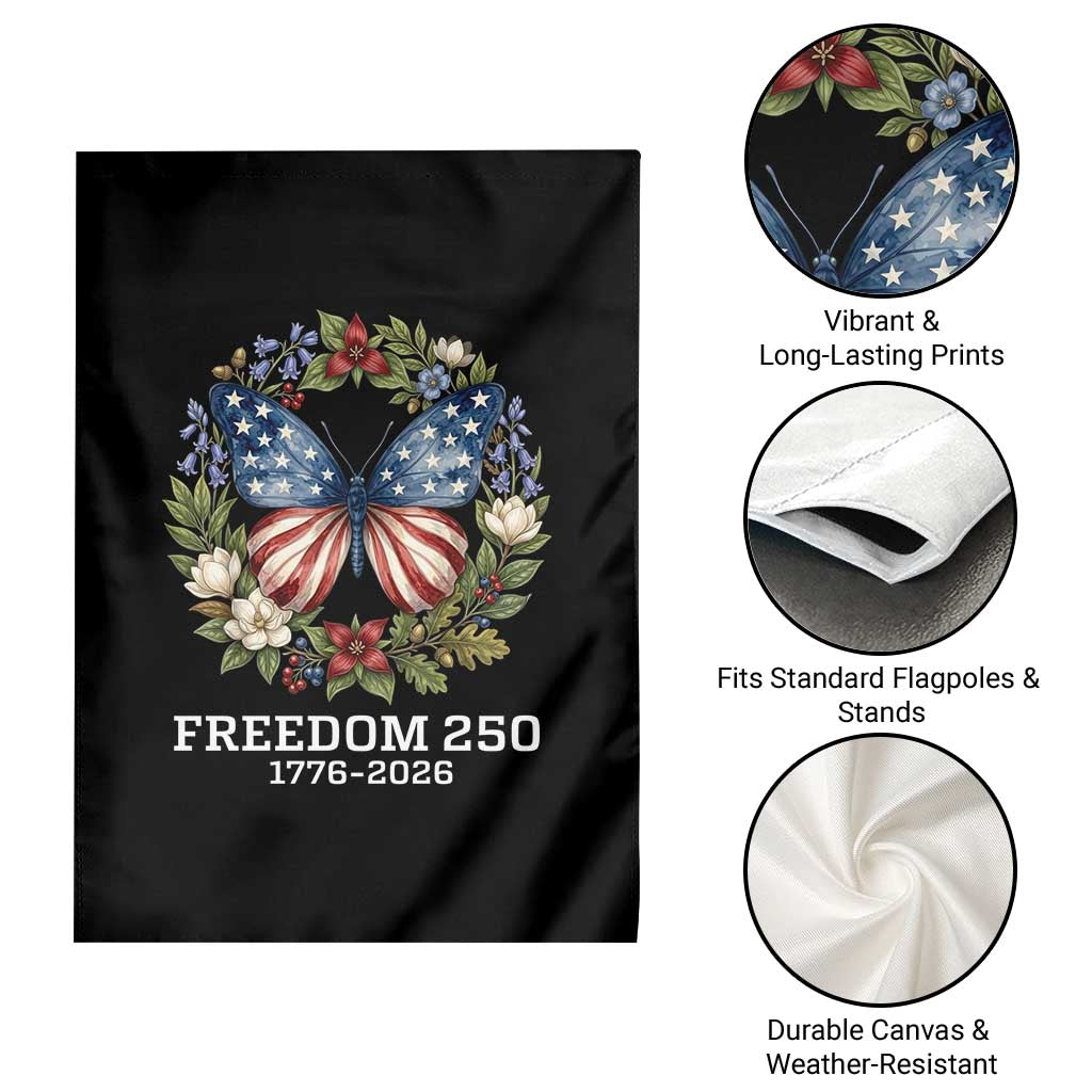 Freedom 250 Years American Flag Butterfly Garden Flag Floral Wreath Patriotic 1776-2026 Semiquincentennial Celebration