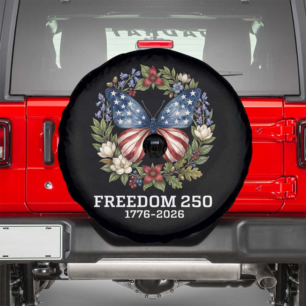 Freedom 250 Years American Flag Butterfly Spare Tire Cover Floral Wreath Patriotic 1776-2026 Semiquincentennial Celebration