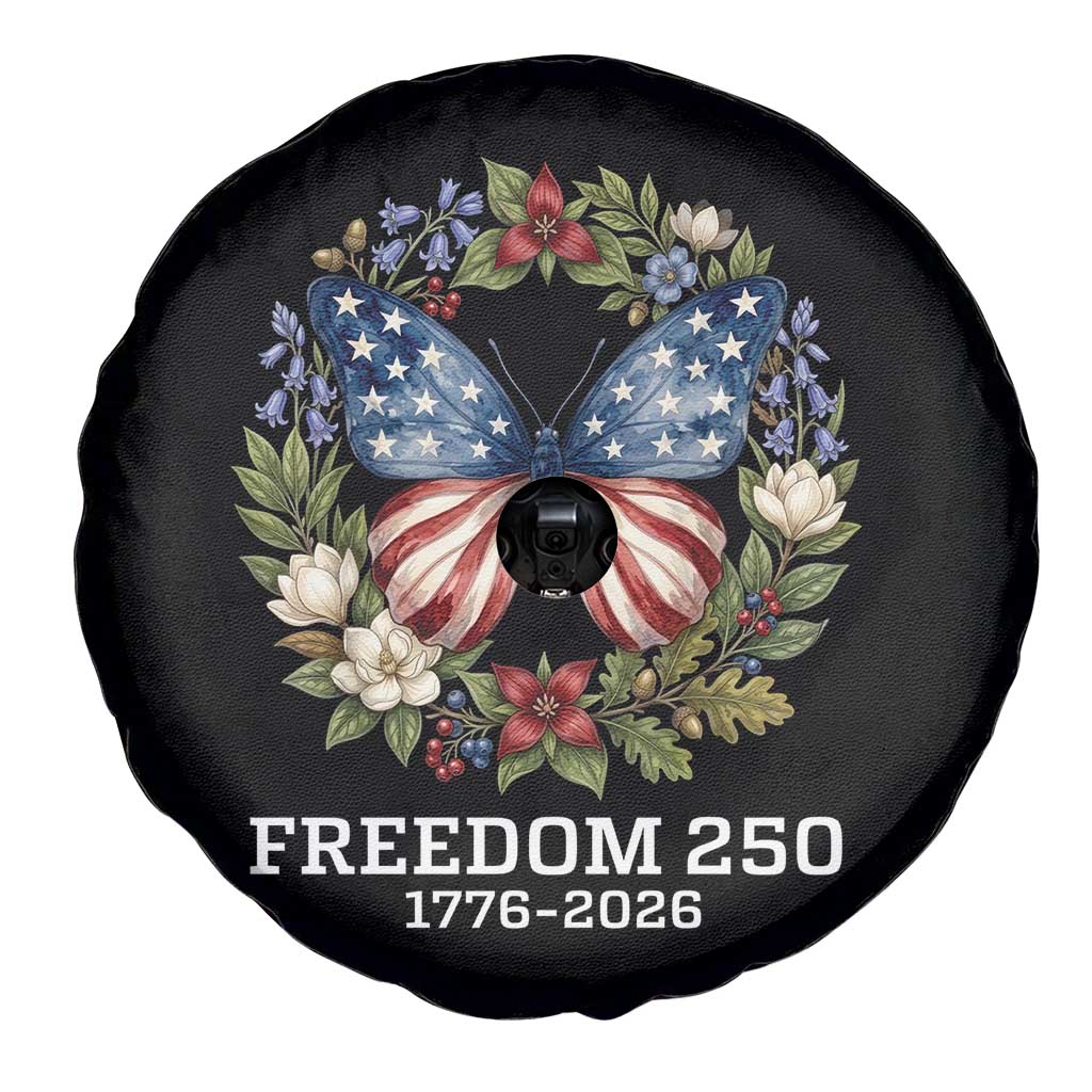 Freedom 250 Years American Flag Butterfly Spare Tire Cover Floral Wreath Patriotic 1776-2026 Semiquincentennial Celebration