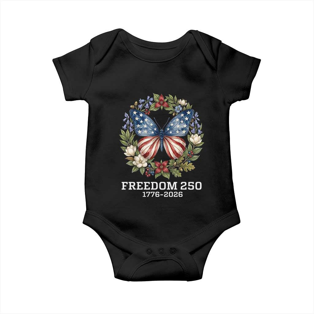 Freedom 250 Years American Flag Butterfly Baby Onesie Floral Wreath Patriotic 1776-2026 Semiquincentennial Celebration