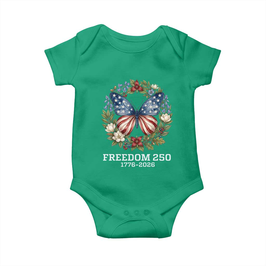 Freedom 250 Years American Flag Butterfly Baby Onesie Floral Wreath Patriotic 1776-2026 Semiquincentennial Celebration