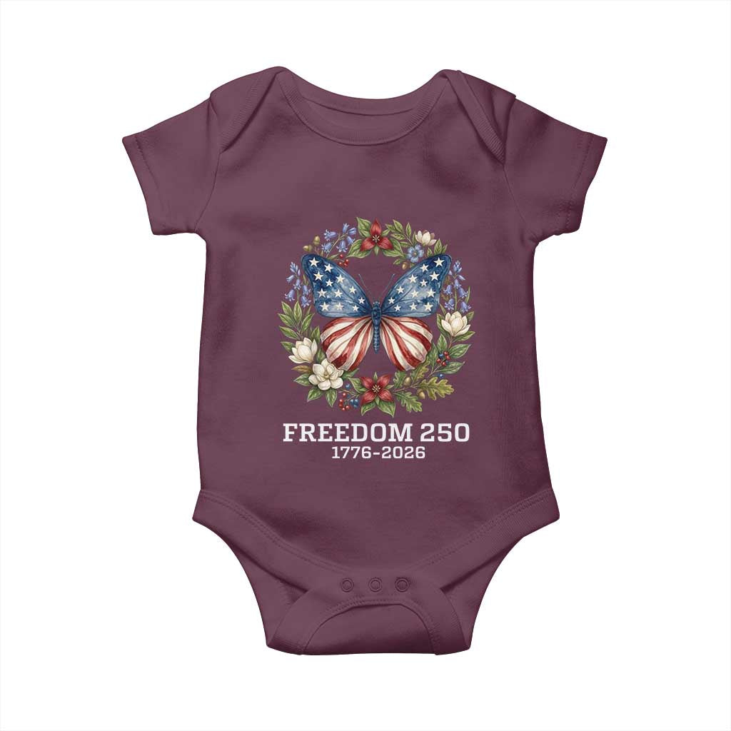 Freedom 250 Years American Flag Butterfly Baby Onesie Floral Wreath Patriotic 1776-2026 Semiquincentennial Celebration