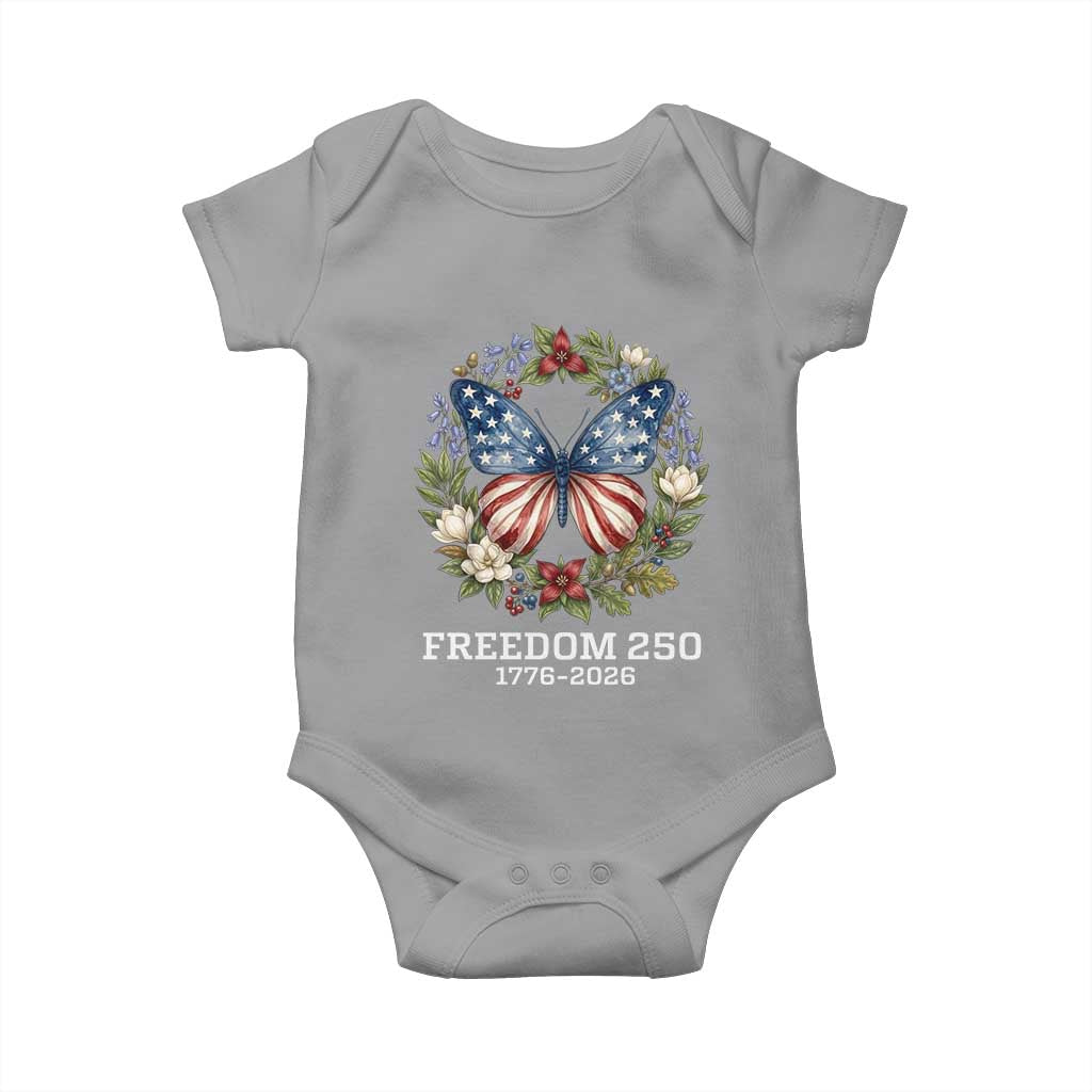 Freedom 250 Years American Flag Butterfly Baby Onesie Floral Wreath Patriotic 1776-2026 Semiquincentennial Celebration