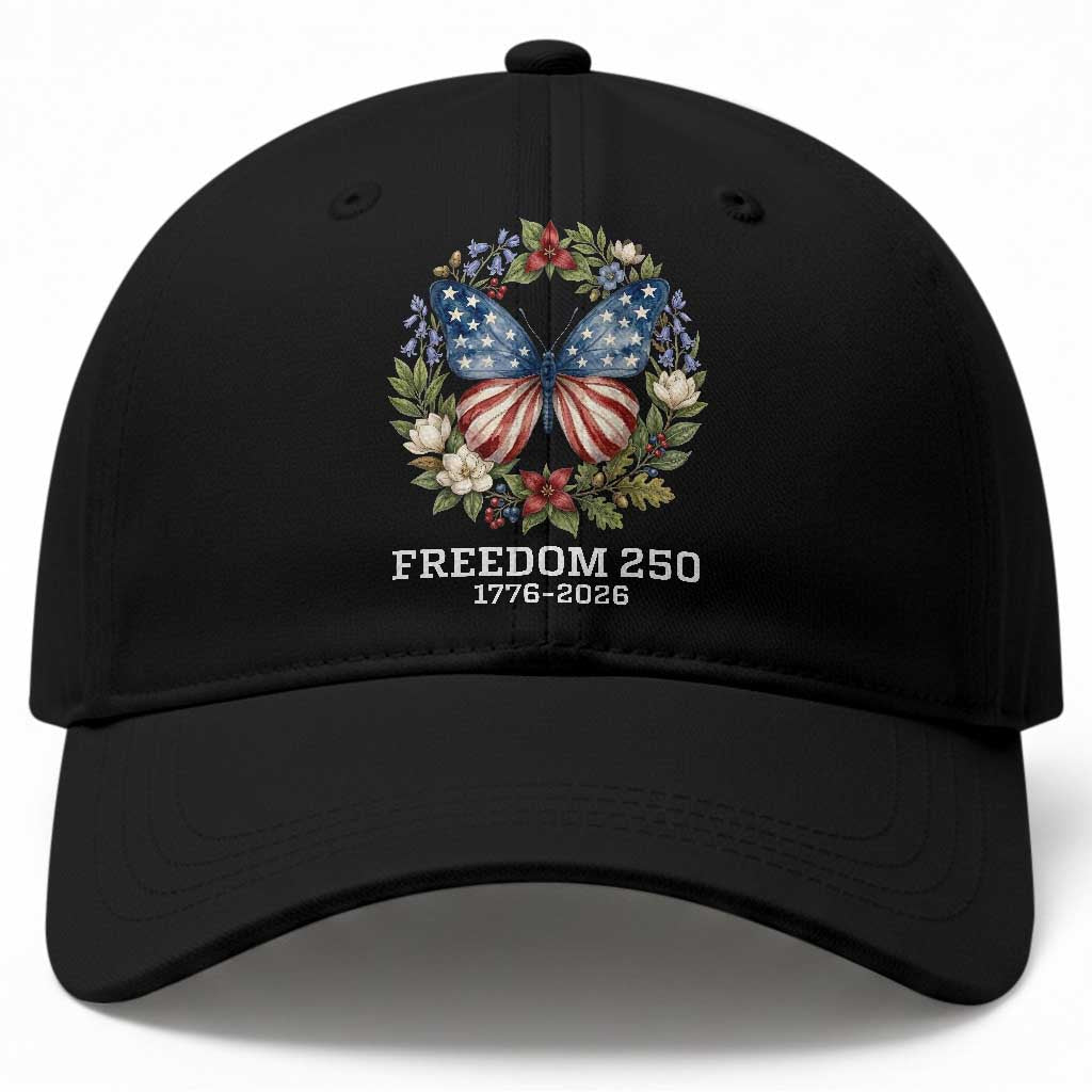 Freedom 250 Years American Flag Butterfly Baseball Cap Floral Wreath Patriotic 1776-2026 Semiquincentennial Celebration