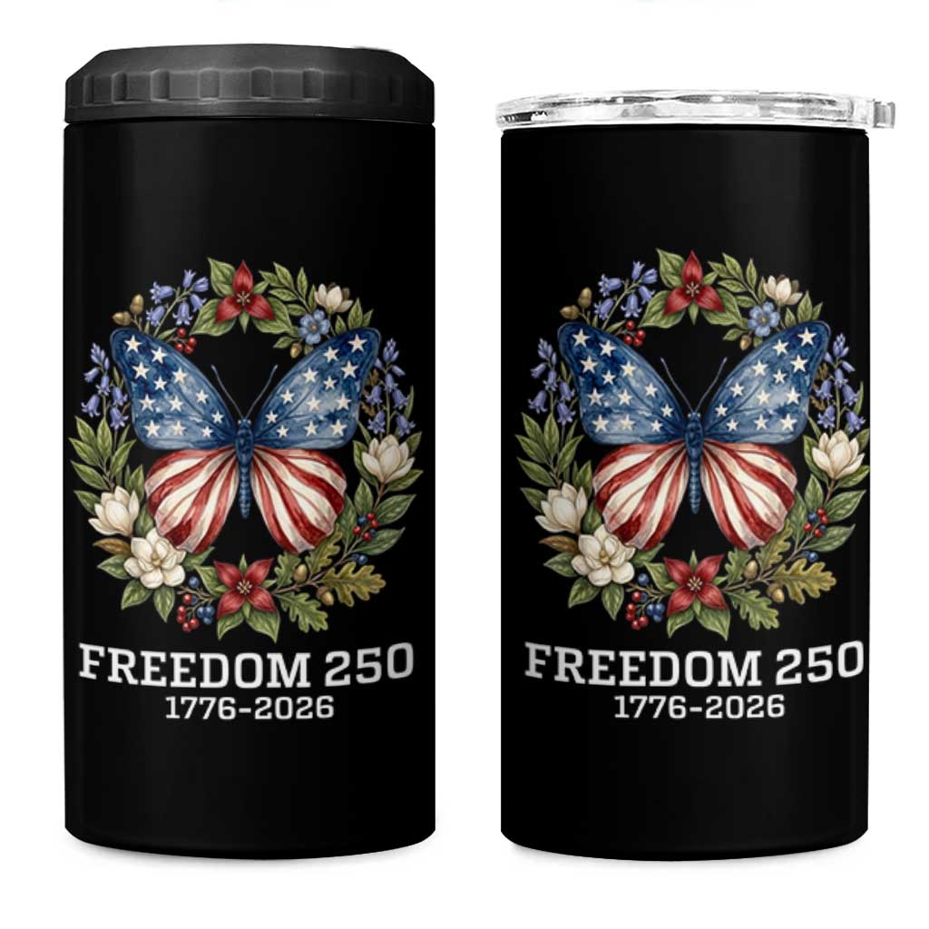 Freedom 250 Years American Flag Butterfly 4 in 1 Can Cooler Tumbler Floral Wreath Patriotic 1776-2026 Semiquincentennial Celebration