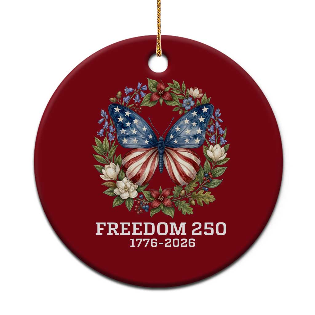 Freedom 250 Years American Flag Butterfly Ceramic Ornament Floral Wreath Patriotic 1776-2026 Semiquincentennial Celebration