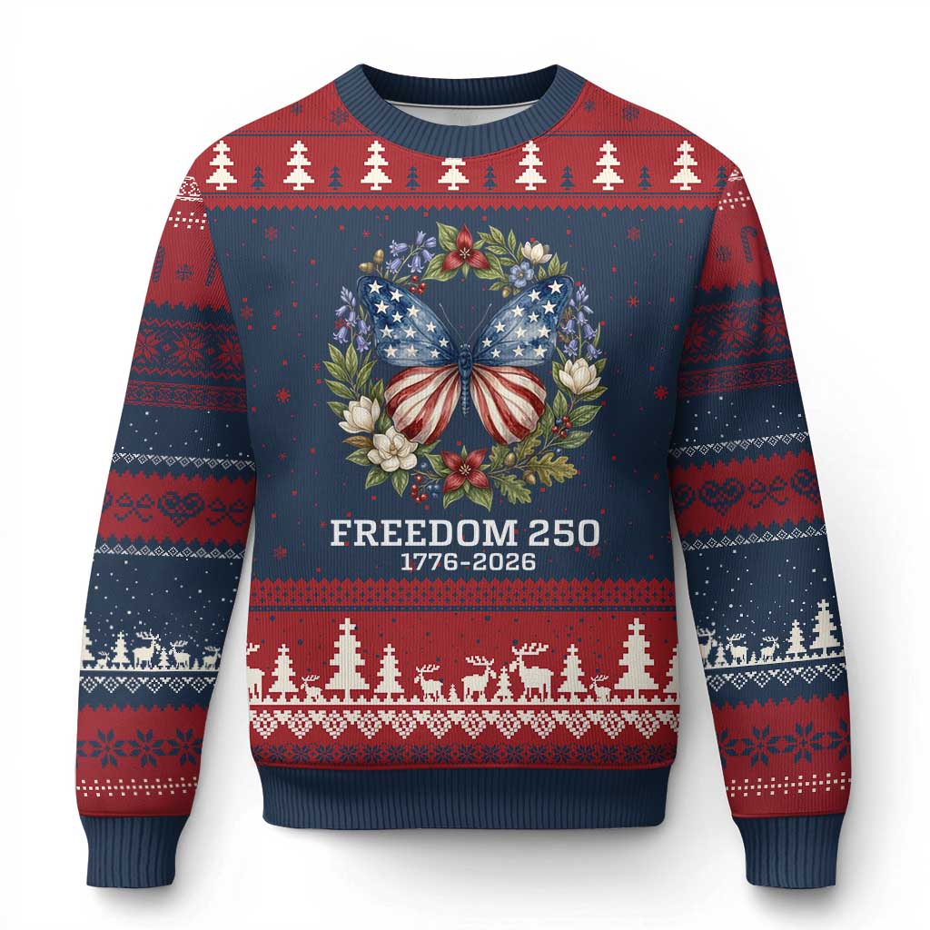 Freedom 250 Years American Flag Butterfly Ugly Christmas Sweater Floral Wreath Patriotic 1776-2026 Semiquincentennial Celebration