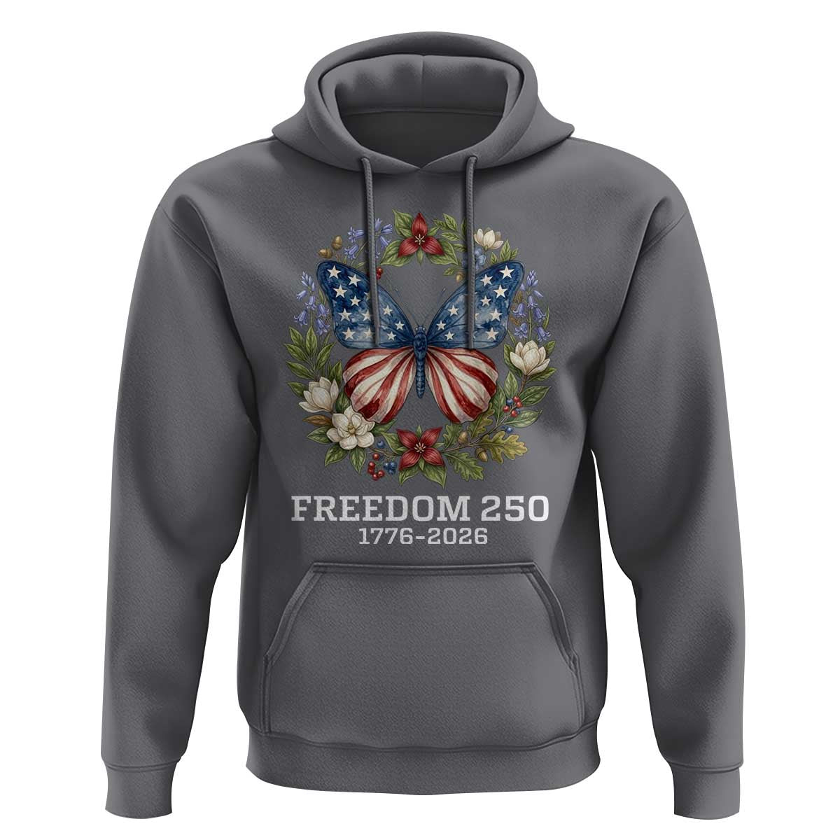 Freedom 250 Years American Flag Butterfly Hoodie Floral Wreath Patriotic 1776-2026 Semiquincentennial Celebration