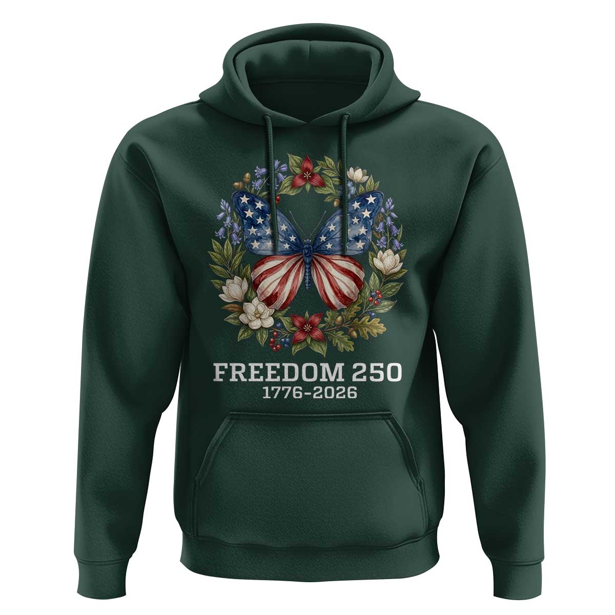 Freedom 250 Years American Flag Butterfly Hoodie Floral Wreath Patriotic 1776-2026 Semiquincentennial Celebration