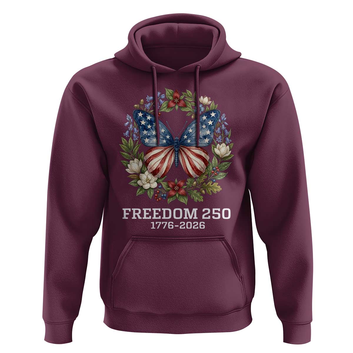 Freedom 250 Years American Flag Butterfly Hoodie Floral Wreath Patriotic 1776-2026 Semiquincentennial Celebration