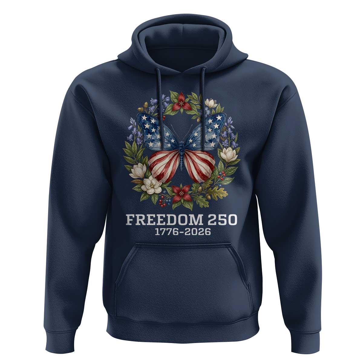 Freedom 250 Years American Flag Butterfly Hoodie Floral Wreath Patriotic 1776-2026 Semiquincentennial Celebration