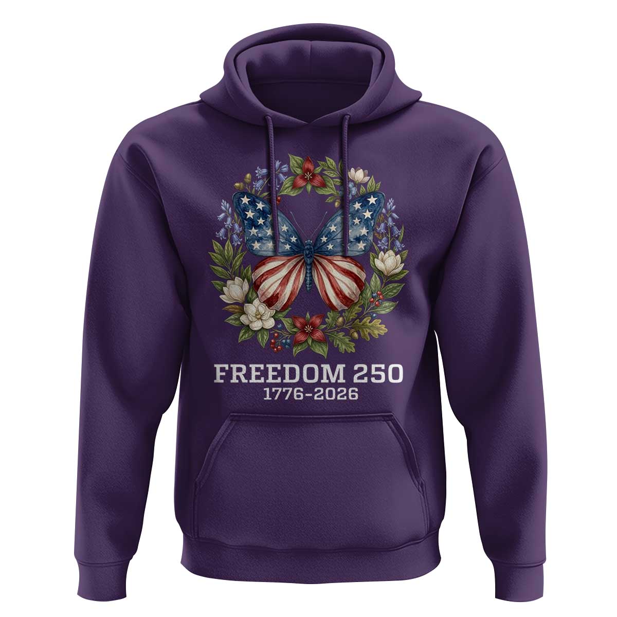 Freedom 250 Years American Flag Butterfly Hoodie Floral Wreath Patriotic 1776-2026 Semiquincentennial Celebration
