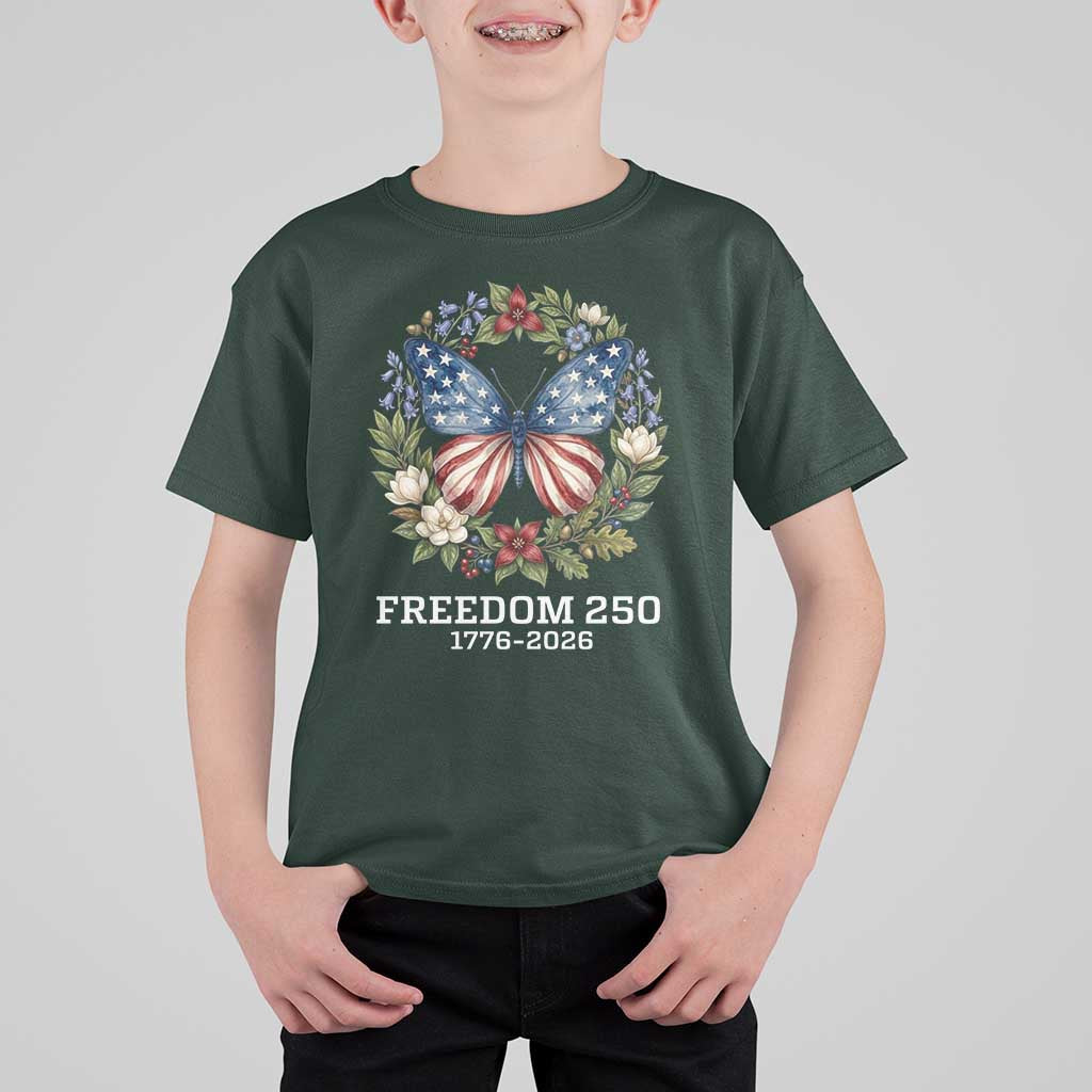 Freedom 250 Years American Flag Butterfly T Shirt For Kid Floral Wreath Patriotic 1776-2026 Semiquincentennial Celebration