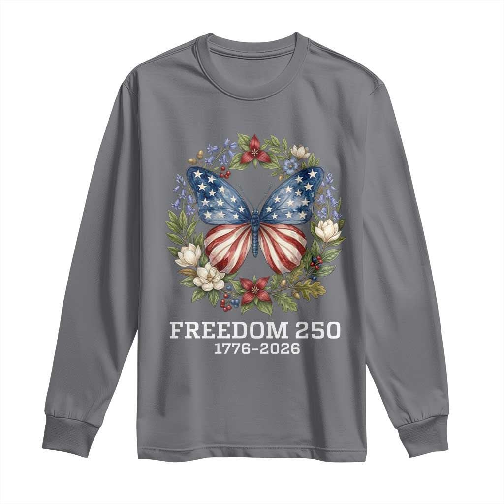 Freedom 250 Years American Flag Butterfly Long Sleeve Shirt Floral Wreath Patriotic 1776-2026 Semiquincentennial Celebration