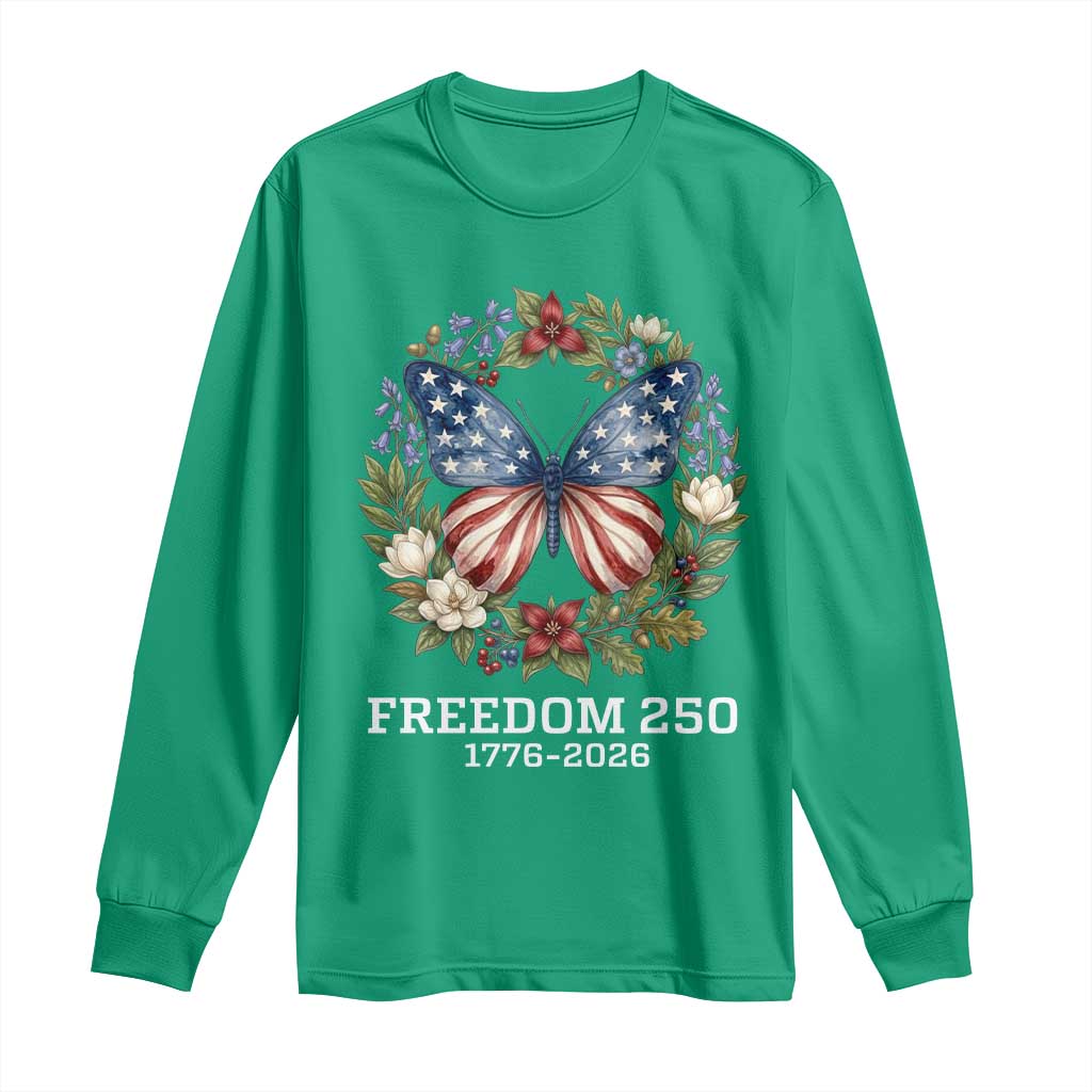 Freedom 250 Years American Flag Butterfly Long Sleeve Shirt Floral Wreath Patriotic 1776-2026 Semiquincentennial Celebration