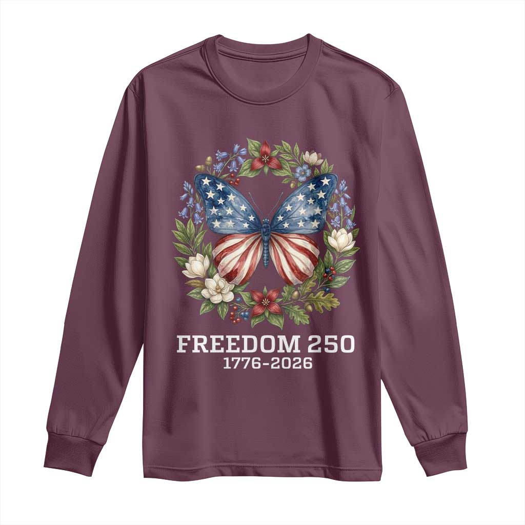 Freedom 250 Years American Flag Butterfly Long Sleeve Shirt Floral Wreath Patriotic 1776-2026 Semiquincentennial Celebration