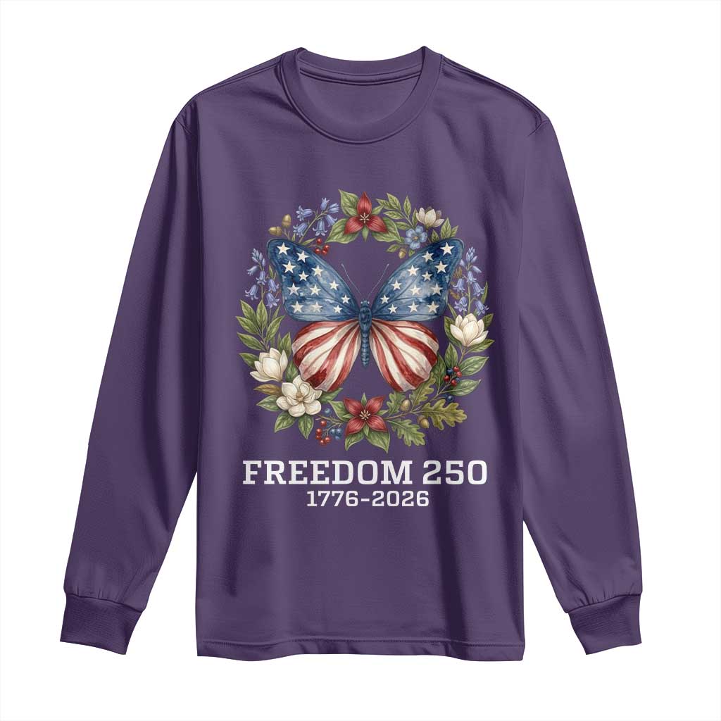 Freedom 250 Years American Flag Butterfly Long Sleeve Shirt Floral Wreath Patriotic 1776-2026 Semiquincentennial Celebration