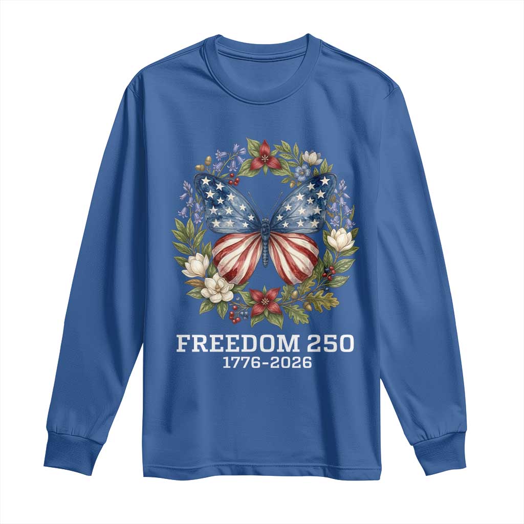 Freedom 250 Years American Flag Butterfly Long Sleeve Shirt Floral Wreath Patriotic 1776-2026 Semiquincentennial Celebration