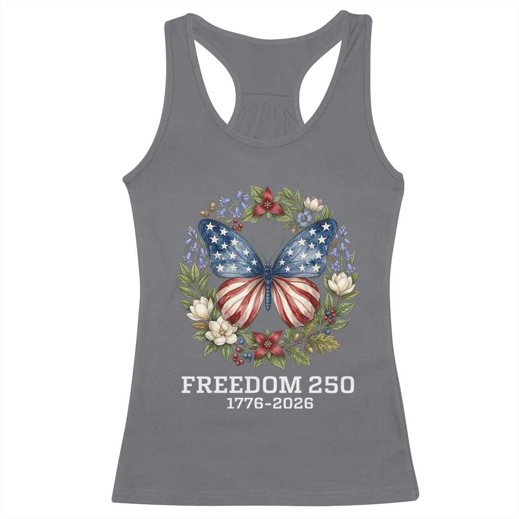 Freedom 250 Years American Flag Butterfly Racerback Tank Top Floral Wreath Patriotic 1776-2026 Semiquincentennial Celebration