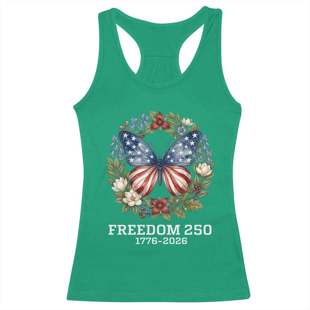 Freedom 250 Years American Flag Butterfly Racerback Tank Top Floral Wreath Patriotic 1776-2026 Semiquincentennial Celebration