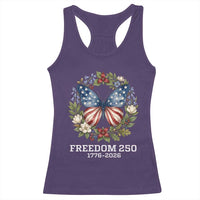 Freedom 250 Years American Flag Butterfly Racerback Tank Top Floral Wreath Patriotic 1776-2026 Semiquincentennial Celebration