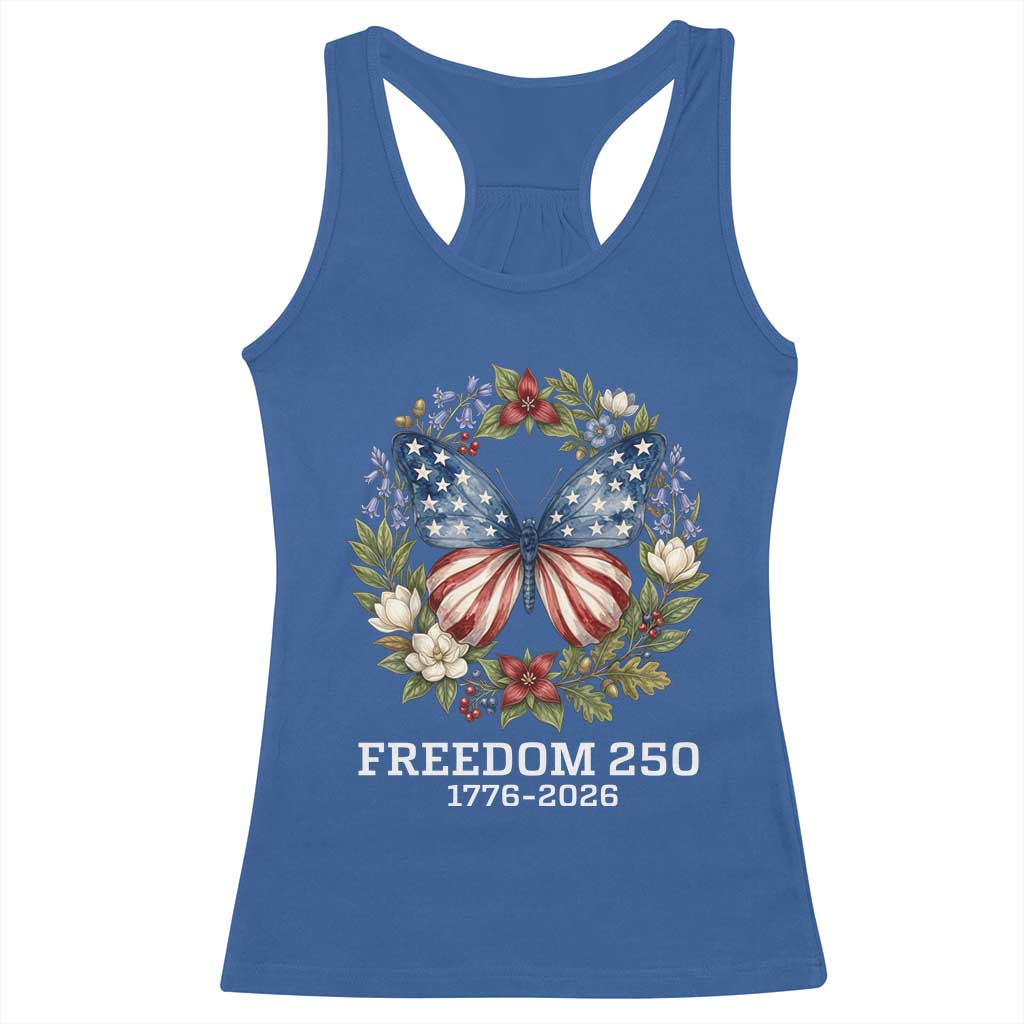 Freedom 250 Years American Flag Butterfly Racerback Tank Top Floral Wreath Patriotic 1776-2026 Semiquincentennial Celebration