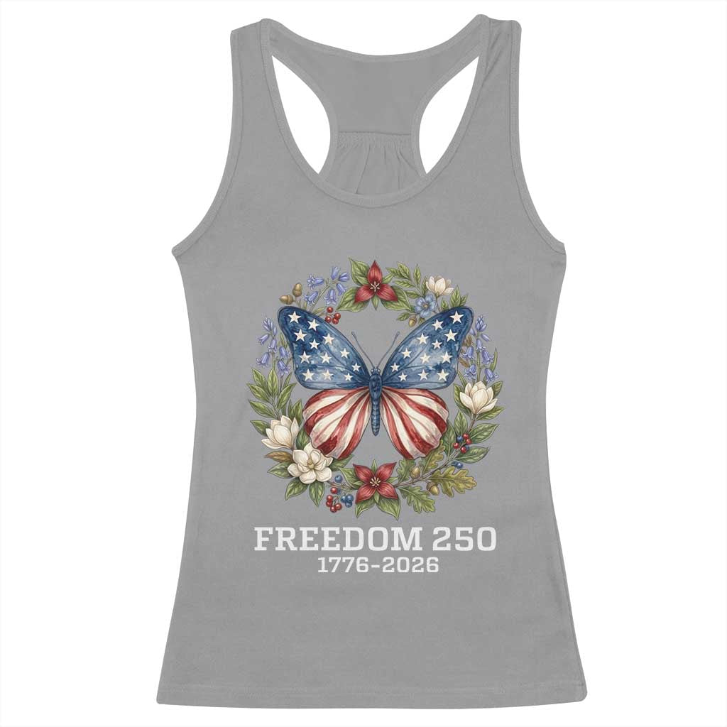 Freedom 250 Years American Flag Butterfly Racerback Tank Top Floral Wreath Patriotic 1776-2026 Semiquincentennial Celebration