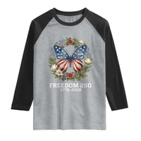 Freedom 250 Years American Flag Butterfly Raglan Shirt Floral Wreath Patriotic 1776-2026 Semiquincentennial Celebration