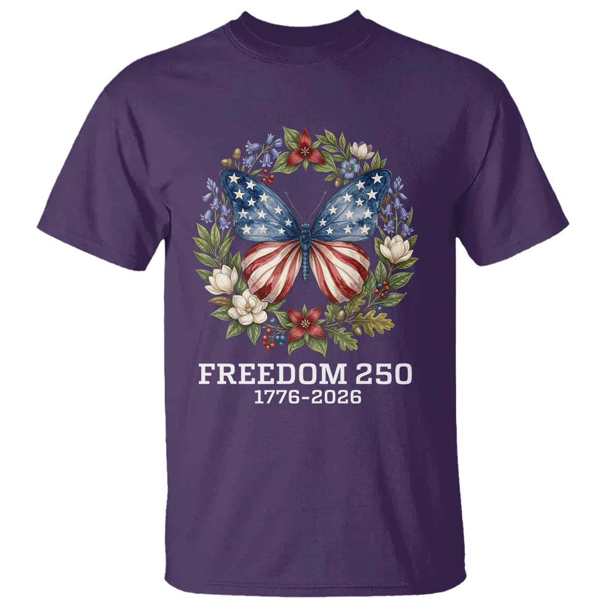Freedom 250 Years American Flag Butterfly T Shirt Floral Wreath Patriotic 1776-2026 Semiquincentennial Celebration