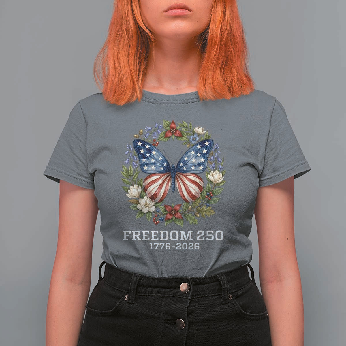 Freedom 250 Years American Flag Butterfly T Shirt For Women Floral Wreath Patriotic 1776-2026 Semiquincentennial Celebration