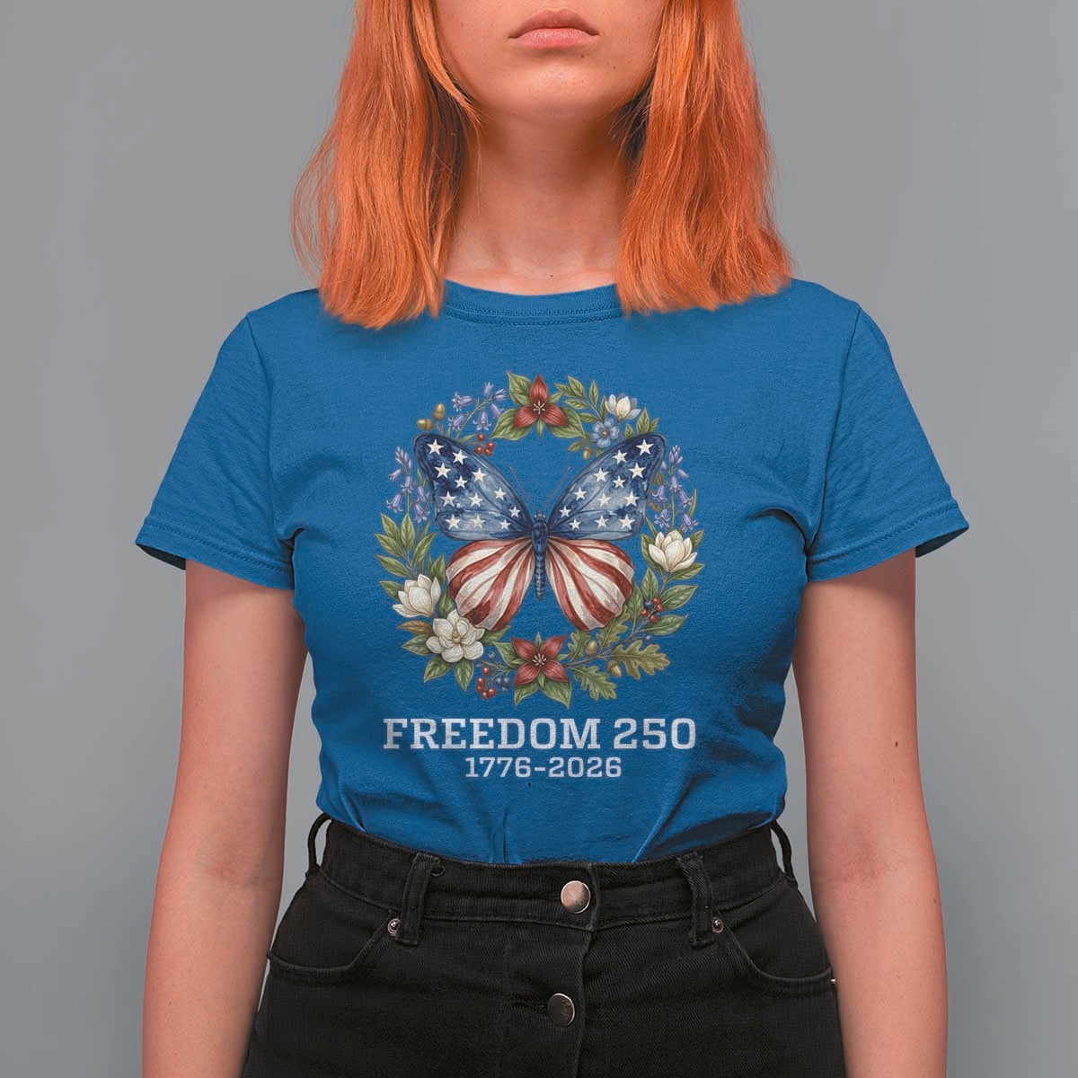 Freedom 250 Years American Flag Butterfly T Shirt For Women Floral Wreath Patriotic 1776-2026 Semiquincentennial Celebration